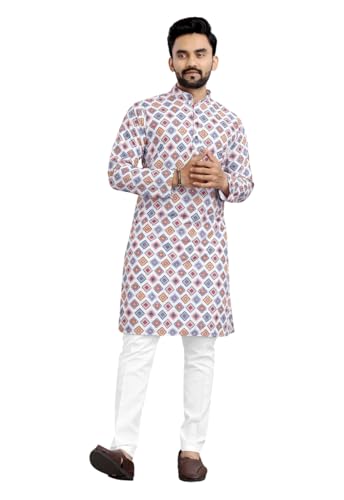 Image of LookMark Men's Cotton Blend Printed Long Kurta Suitable for All Indian Wedding, Occasions, and Festivals