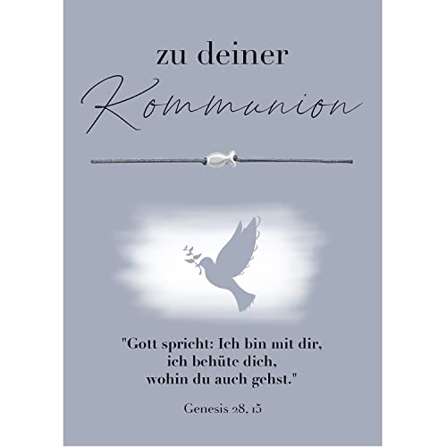 Selfmade Jewelry Armband Damen Kommunion Fisch Handgemachtes Makramee-Armbändchen mit Fischchen Größenverstellbar auf Geschenk-Karte mit Friedenstaube (Silber - Grau)
