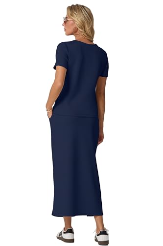 Image of GRECERELLE Women Summer Casual 2 Piece Sets V-Neck Wrinkle-Free Top & Elastic Waist Midi Side Slit Skirt with Pockets