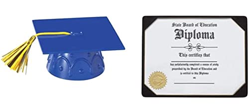 Plastic Graduation Cap Cake Topper with Graduation Diploma Layon (Blue)