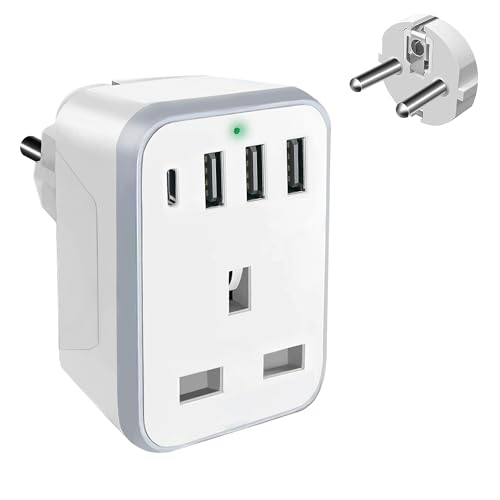 UK to European Plug Adapter with 3 USB Ports and 1 Type C, European Travel Adapter,Grounded European Plug Adapter for Germany France Spain Turkey Greece Iceland Poland Russia and More
