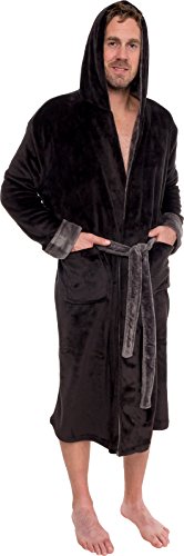 Ross Michaels Mens Hooded Bathrobe - Shawl Collar Plush Lounge Robe â€“ Black/Grey