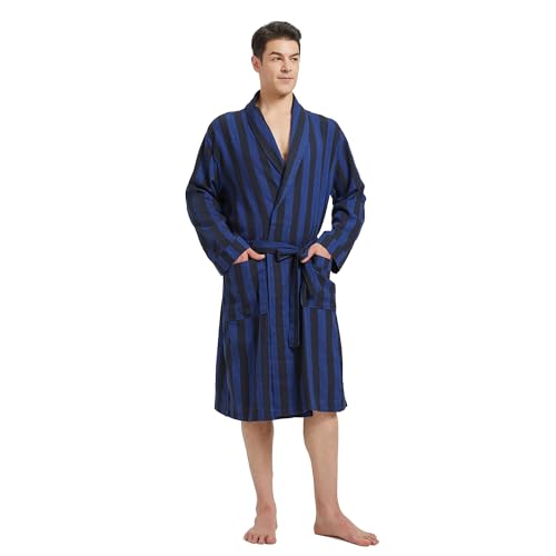 Image of FashGudim Mens Buffalo Plaid Cotton Robe Lightweight Bathrobe Shawl Collar Kimono Sleepwear Loungewear House Robes
