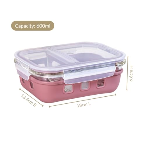 Image of Nestasia Glass Lunch Box with Silicone Sleeve (600ml) - Borosilicate Glass Lunch Box with 2 Compartments for Office | Microwave & Freezer Safe, Leak-Proof Tiffin Box with Clip Locks (Mauve)
