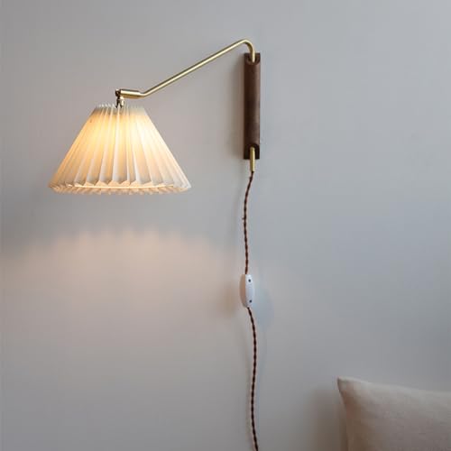 CRRONG Swing Arm Plug in Wall Reading Lights for Bedroom Wood Farmhouse Wall Sconce with Pleated Fabric Shade Adjustable Long Arm Nordic Modern Wall Mounted Lamp for Bedroom Bedside Living Room - Cosy Home Interiors CRRONG Swing Arm Plug in Wall Reading Lights for Bedroom Wood Farmhouse Wall Sconce with Pleated Fabric Shade Adjustable Long Arm Nordic Modern Wall Mounted Lamp for Bedroom Bedside Living Room