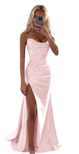 SELFGENIC Womens 2025 Pink Prom Dress Long Satin with Slit Strapless Formal Evening Party Dresses Backless 0