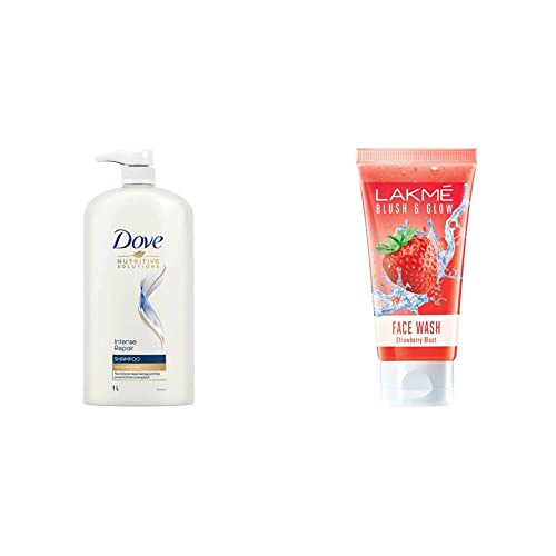 Image of Dove Intense Repair Shampoo, 1L & Lakme Blush and Glow Strawberry Gel Face Wash, 100g