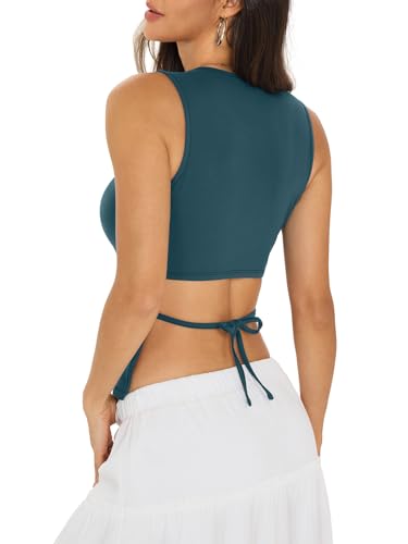 Eachyes Womens Open Back Tank Top High Neck Sleeveless Shirts Summer Sexy Tie Backless Crop Tops Slim Fit Y2k Going Out Cute Crew Neck Clothes 2026 Grey Blue Large