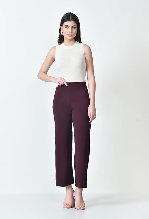 Image of Women's High Waist Straight Fit Trousers,Solid Korean Stretchable Pants for Women, Regular Fit Elastic Waist Full Length Formal Trouser,Casual,Office Wear