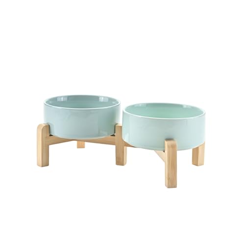 SPUNKYJUNKY Elevated Dog Bowls Ceramic, 5.1'' Dogs and Cat Food Water Bowls Raised with Non-Slip Bamboo Stand for Puppy Small Sized Breed Microwave Dishwasher Safe - 13.5 OZ,Light Green by SPUNKYJUNKY - Used condition - US$27.89