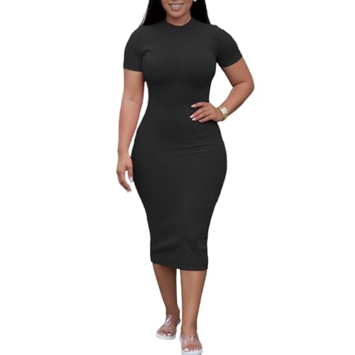 Image of TOPSRANI Women Sexy Midi Dress Bodycon Casual Sleeveless Basic Ruched Tank Summer Club Party Dresses