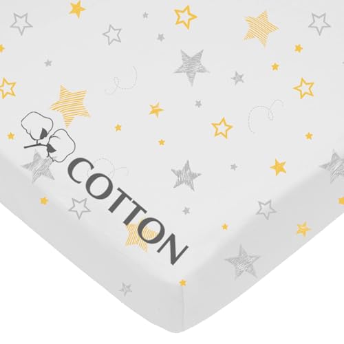 Image of American Baby Company 100% Natural Cotton Fitted Pack and Play Sheet 39 inch x 27 inch - Soft & Breathable Pack N Play Sheet for Playpen, Playard & Mini Crib Mattress, Yellow Super Star, for Boys & Girls