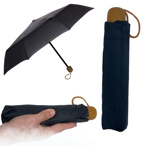 Genérico Paraguas Individual, Portátil, Manual, Para Sol y lluvia, Plegable y Compacto, Negro con Agarradera Marrón