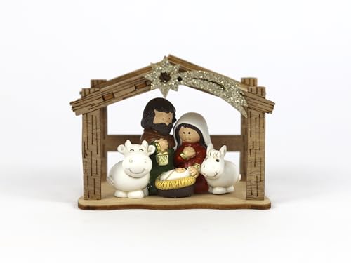 Genérico Belén Navideño en Miniatura, Nacimiento con Figuras y Establo de Madera, Decoración Navideña con Estrellas Brillantes, Set Completo