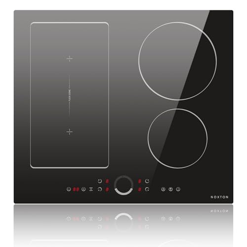 NOXTON Placa Inducción 4 Fuegos zona flexible con control deslizante redondo, empotrable de 60 cm, control táctil, función booster, temporizador, bloqueo para niños, 220 V-240 V, 7200 W, sin enchufe.