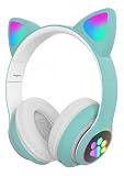 Fone de Ouvido com Orelha de Gatinho Infantil com Luzes RGB nas Orelhinhas e Patinhas Para Crianças Tamanho Ajustável Dobrável Headphone Bluetooth Conectividade Multiuso Premium (Verde)