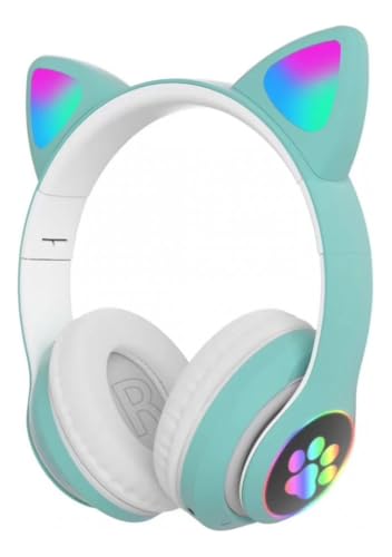 Fone de Ouvido com Orelha de Gatinho Infantil com Luzes RGB nas Orelhinhas e Patinhas Para Crianças Tamanho Ajustável Dobrável Headphone Bluetooth Conectividade Multiuso Premium (Verde)