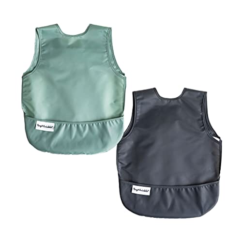 Image of Tiny Twinkle Mess Proof Baby Bibs | 2 Pack Waterproof Toddler Bib for Eating | Baby Apron for Feeding, Machine Washable, Perfect Shower Gift (Sage Charcoal, 6–24M)