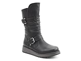 Heavenly Feet Hannah4 Ladies Mid Calf Boots – Vegan Friendly Womens Casual Boots with Twin Buckle Straps, Side Zip & Memory Foam Insole, Comfortable Low Wedge Boots for Women, Black Size 6