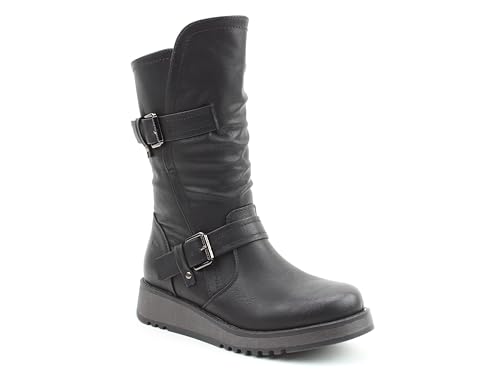 Image of Heavenly Feet Hannah4 Ladies Mid Calf Boots – Vegan Friendly Womens Casual Boots with Twin Buckle Straps, Side Zip & Memory Foam Insole, Comfortable Low Wedge Boots for Women, Black Size 6