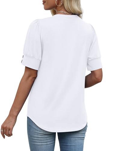 Image of OFEEFAN Womens Tops Short Sleeve Shirts Buttons V Neck Spring Fashion Summer Outfits Plus Size Blouses Dressy Casual