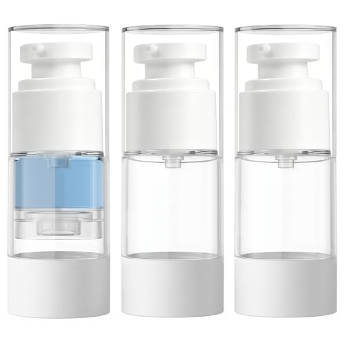 GIVITASOT 0.5 OZ/15ML Airless Pump Bottles 3 Pack Lotion Dispenser Travel Size Pump Bottles Vacuum Cosmetic Travel Bottle for Lotion Creams Foundation Cosmetic with Labels Wooeden Stick