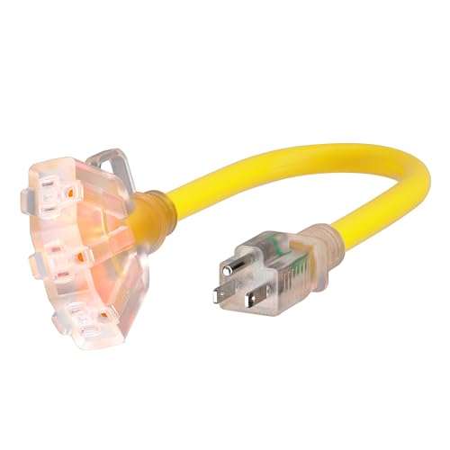 PlugSaf 1 FT 12/3 Gauge Outdoor Extension Cord with Multiple Outlets Light Indicator, Flexible Weatherproof...