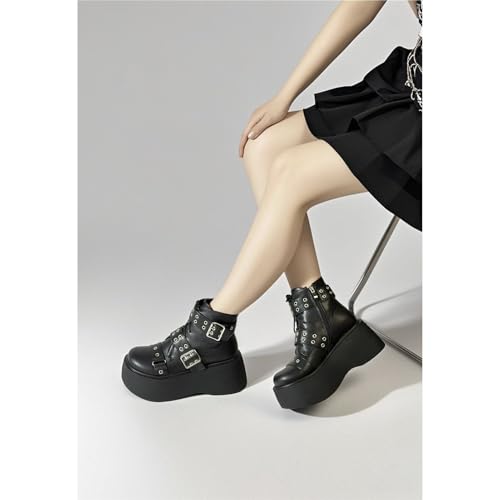 Image of FOREADA Goth Boots Chunky Heel Boot For Women Ankle Combat Booties Black Platform Bootie Buckle Rivets Punk Goth Shoes With Zipper