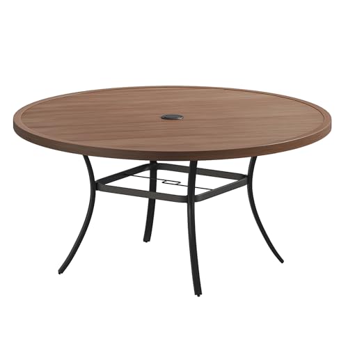 Image of VICLLAX 63 inch Round Patio Table, Outdoor Dining Table for 8-10 with Umbrella Hole for Garden Lawn Deck Backyard, Walnut