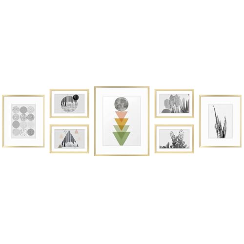 Golden State Art, Aluminum Gallery Wall Frame Set of 7 - Includes One 11x14, Two 8x10, and Four 5x7 - Metal Frames with Mat & Real Glass Cover for Elegant Home or Office Decor (Style 2, Gold)