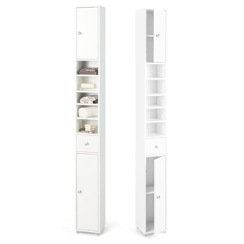 GIANTEX Meuble de Salle de Bain Haute, Colonne de Rangement avec 2 Placards, 2 Portes, 1 Tiroir, 5...