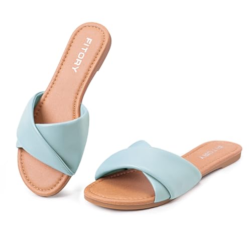 Image of FITORY Women's Flat Sandals Fashion Slides With Soft Leather Slippers for Summer Size 6-11