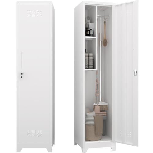 GEDELITE Metal Garage Storage Cabinet Broom Closet Storage Cabinet Utility Closet Cabinet for Broom Garage Kichen White