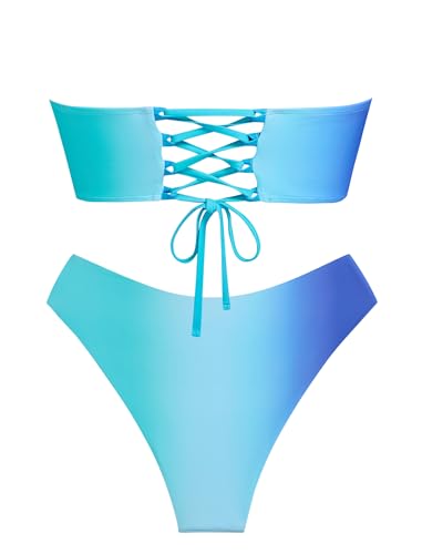 Image of ZAFUL Women's High Cut Bandeau Bikini Set Strapless Solid Color 2 Pieces Bathing Suit Swimsuit