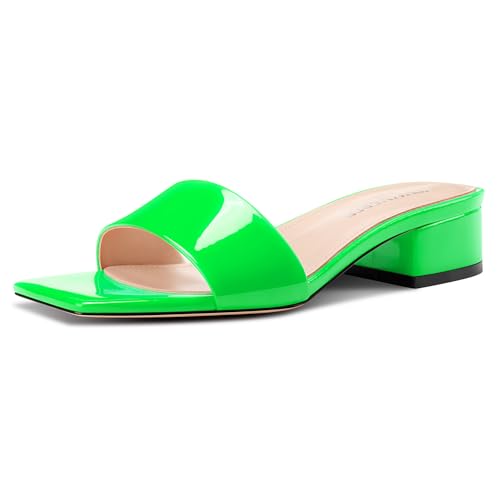Image of TNYNFBEB Womens Chunky Block Low Heel Open Square Toe Sandals Mules Shoes Slip-on Prom Party Dress Patent Leather 1.4 Inches Heels