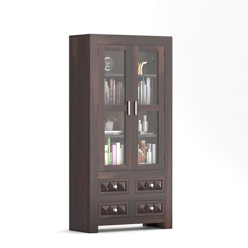 Image of Wood Books Shelf for Home Library | Book Shelf with Glass Door | Kitchen Crockery Cabinet Storag, Almirah, Study Room Furniture Book Rack, 4 Drawer, Walnut Finish
