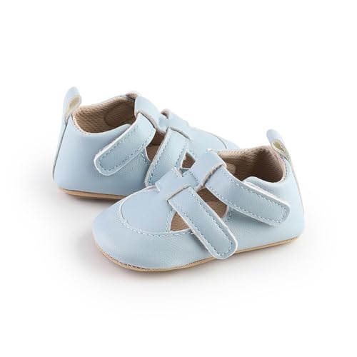Image of HsdsBebe Baby Boys Girls Pu Leather Hard Bottom Walking Sneakers Toddler Rubber Sole First Walkers Infant Cartoon Slippers Crib Shoes(JML6165 Blue,3)