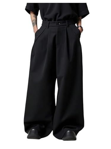 OYOANGLE Men's Baggy Wide Leg Pants Zipper Fly Pleated Work Casual Long Trousers with Pocket