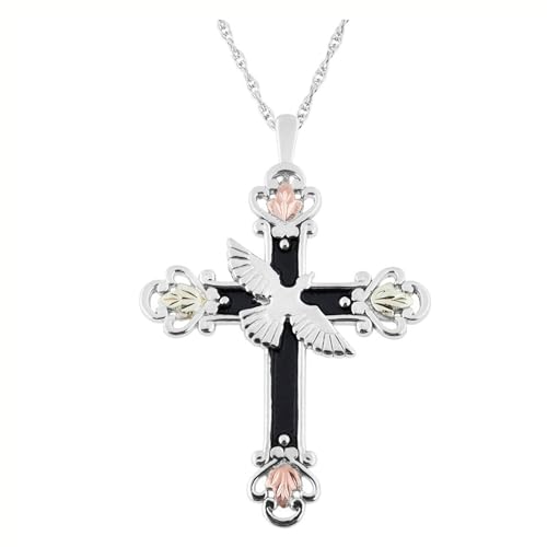 Antiqued Dove Cross Pendant Necklace Sterling Silver with 12k Rose & Green Black Hills Gold 16 & 18 Inch Chain Gift Box Included