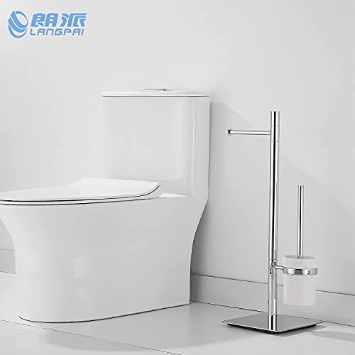 Image of Freestanding Toilet Brush and Paper Holder Set Superior Hotel Luxury Style Join Roll Paper and Toilet Brush Non-Skid Sturdy Floor Stand Brass Chrome with White Ceramic Cup