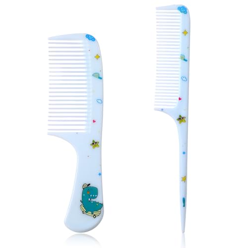 Cute Hair Comb Set 2 Pcs Mini Combs for Women Fine Tooth Rat Tail Combs Portable Detangling Hair Comb for Women Girls All Hair Types Long Short Wet Dry Curly Straight Hair (Blue Dinosaur)