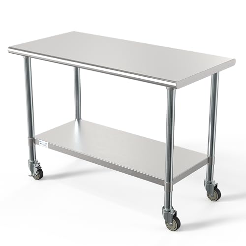 Image of KoolMore Commercial 24 inch x 48 inch Stainless Steel Work Table Wheels Restaurant Home Use, Under Storage Shelf Food, Tools, Equipment, Hardware, Heavy Duty Metal Workspace (CT2448-18C), Silver, 24 inch x 48 inch