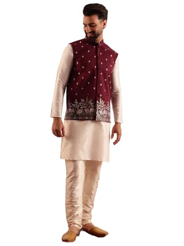 Image of SOJANYA Men's Silk Blend Cream Kurta and Pyjama With Daman Embroidered Nehru Jacket