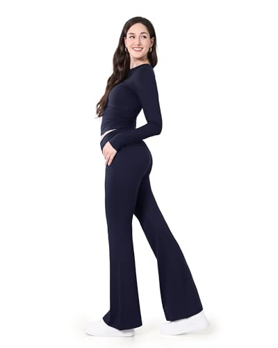 Image of ZOOSIXX Lounge Sets for Women - 2 Piece Outfits Crop Tops with Fold Over Flare Leggings Fall Loungewear Fitted Pajama