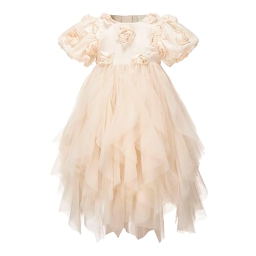 TSUKISHIRO Floral Rose Flower Girls Dress, Toddler Tutu Dress, Tulle, Short Sleeve, for Wedding, Special Occasion Dresses