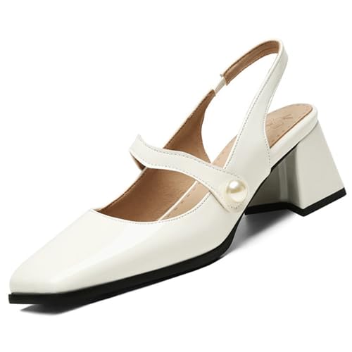 Optigard Women's Patent Leather Slingback Chunky Heel Mary Janes Comfortable Closed Square Toe Mid Block Heel Pumps with Elastic Strap Slip On Party Dress Shoes
