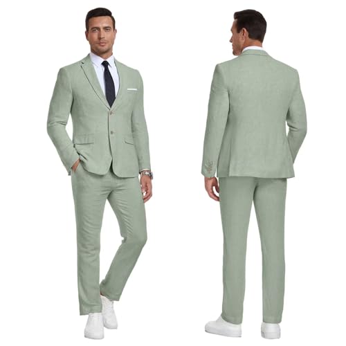 Linen Suit for Men 2 Piece Slim Fit Summer Beach Wedding Dress Tux Prom Suit Blazer Jacket and Pants
