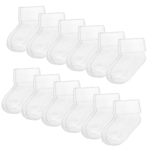 Baby Boys and Girls Cotton Socks with Fold-Over Cuff, 12-Pack, White, 3-9 Months