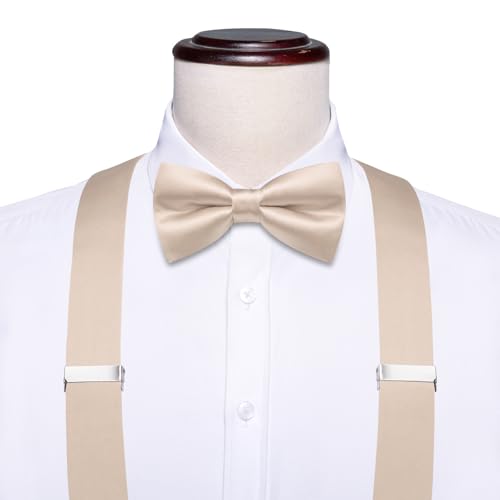 Image of Hi-Tie Men Suspender Bowtie Set Suspenders Pre-tied Bow Tie Pocket Square Cufflinks Adjustable Y Shape 6 Clips Braces Tuxedo