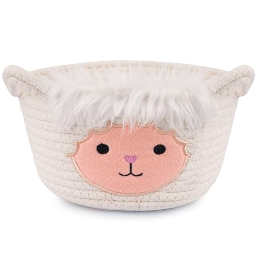 Image of Small Storage Basket for Nursery, Sheep Woven Animal Gift Basket | Round Woven Rope Cotton Storage, Baby Blanket 0rganizer with Ears Handles, Blanket Towel Decor Storage Bins, 8.2 inchD x 4.7 inchH IN